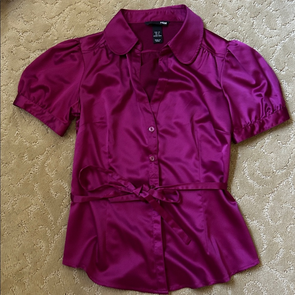 H&M puff sleeve button up shirt with waist tie 4